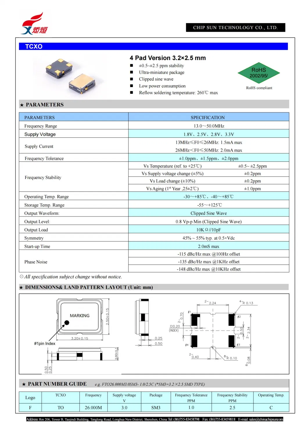 Chip Sun Tcxo-SMD3225 Kds Original 32MHz 32.000MHz 2.5V 2.8V 3.3V 0.5ppm 1ppm Temperature Control Crystal Oscillator Electronic Components